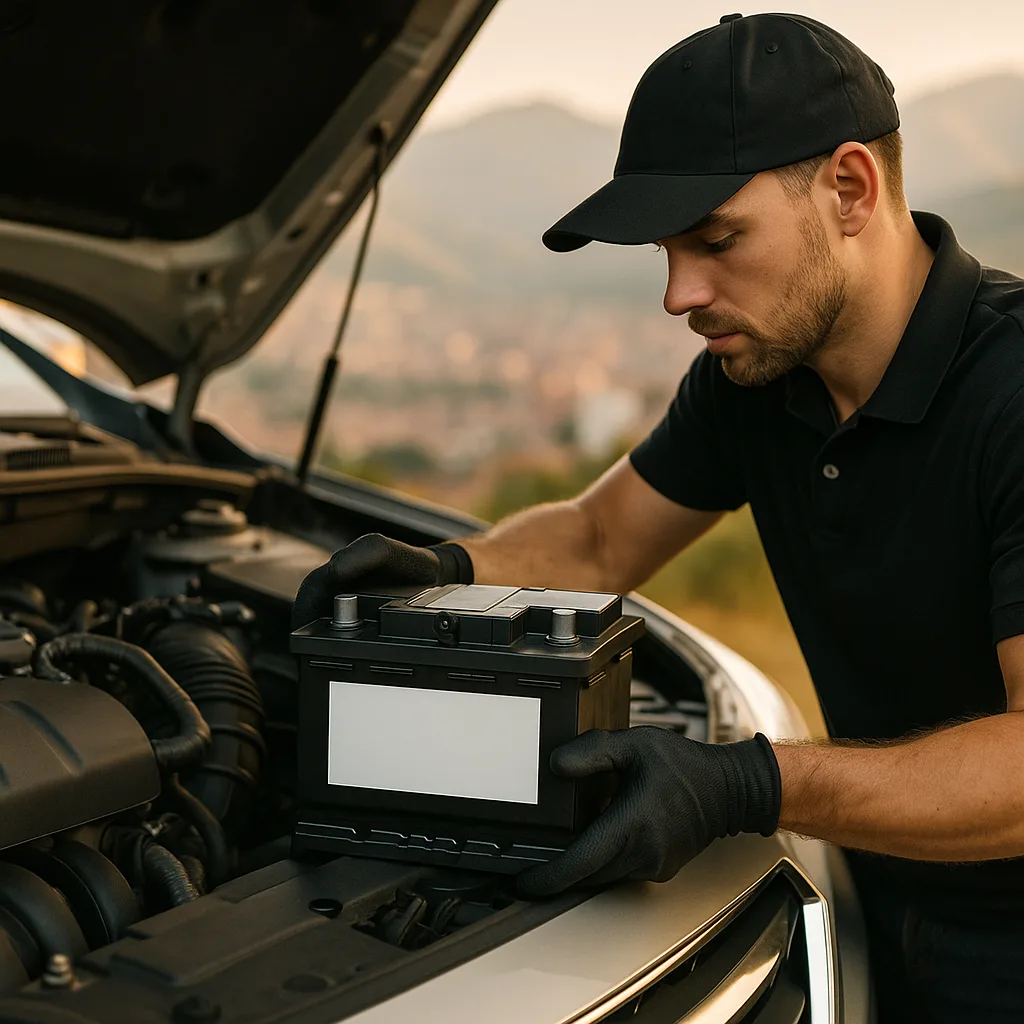 Técnico instalando batería en Envigado