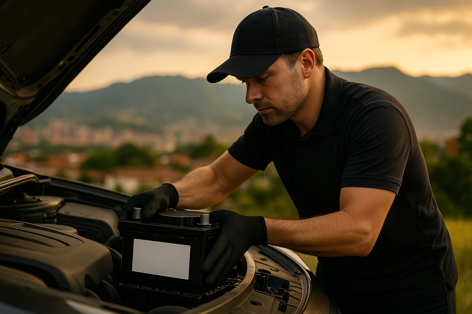 Técnico instalando batería en Itagüí
