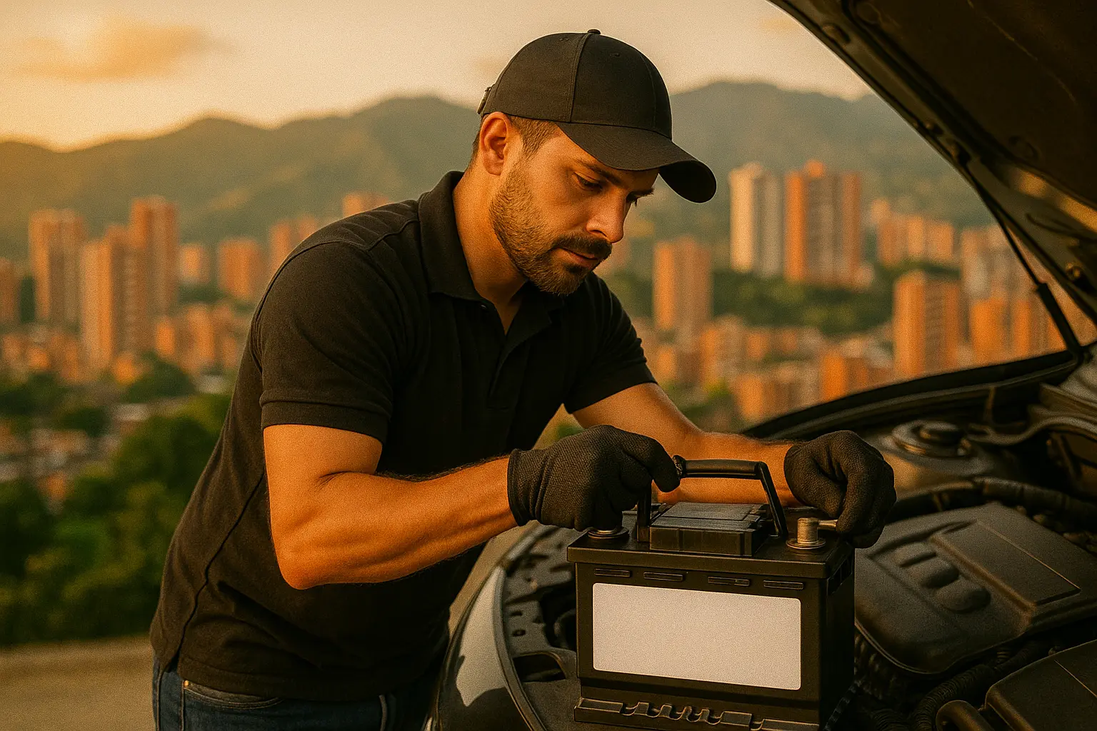Técnico instalando batería en Sabaneta
